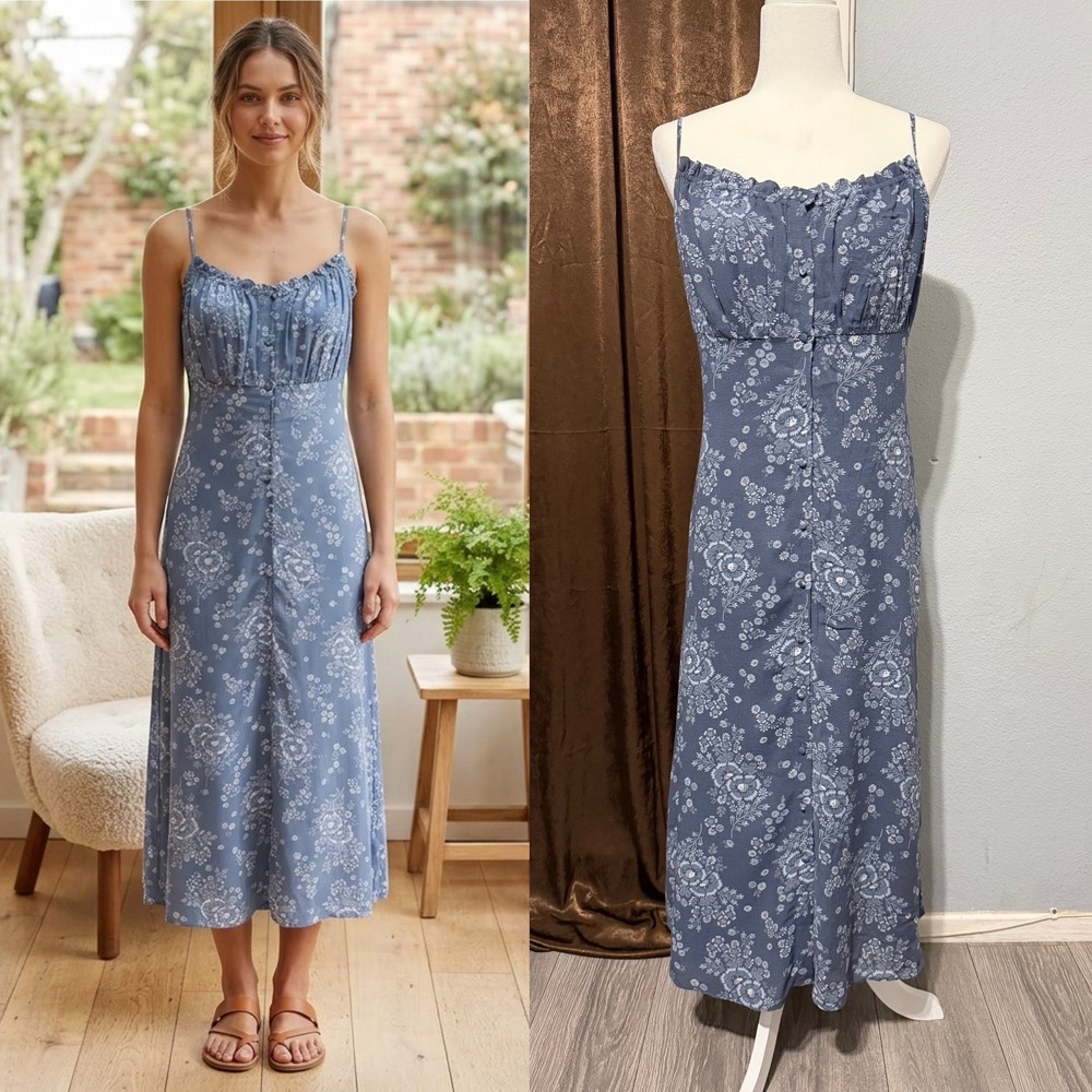 Cottagecore Madewell Blue Floral Button Front Midi Dress Size 10 NEW Bohemian